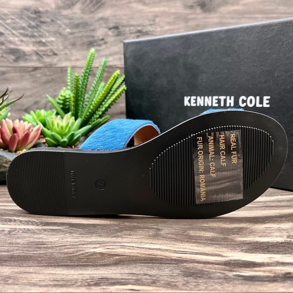 NIB Kenneth Cole Asymmetric Palm Sandal Thong Toe Loop Flip Flop Blue Real Fur - Picture 9 of 11